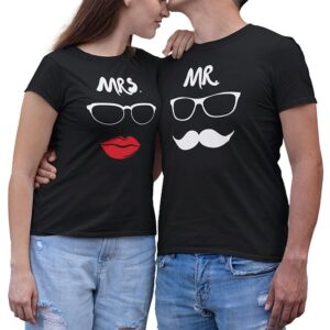 MR Mustache MRS Lips Valentine Couples T-Shirt - LT
