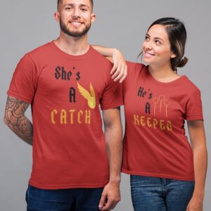 She is a catch, he is a keeper Valentine Couples T-Shirt - DK