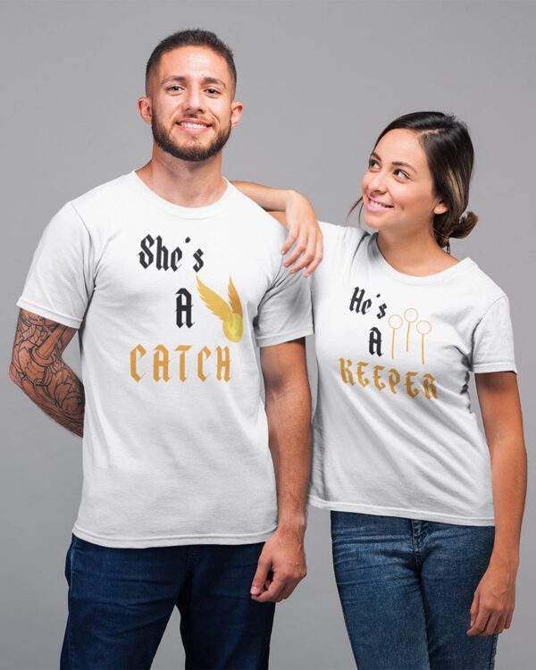 She is a catch, he is a keeper Valentine Couples T-Shirt - DK - Image 3