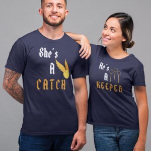 She is a Catch, He is a Keeper Valentine Couples T-Shirt - LT